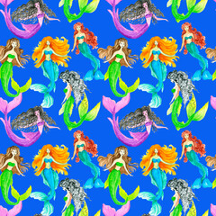 Fototapeta na wymiar Seamless pattern Funny Color Seamless Pattern With Mermaids depicting marine life, ocean animals, sailor, Underwater multicolored seamless pattern.Watercolor background of the sea world with a cute me