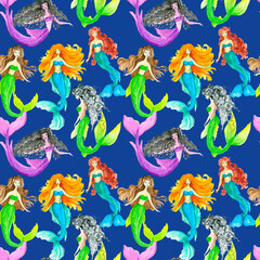 Seamless pattern Funny Color Seamless Pattern With Mermaids depicting marine life, ocean animals, sailor, Underwater multicolored seamless pattern.Watercolor background of the sea world with a cute me