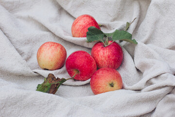 Red apples are lying on a light tablecloth. Autumn mood, autumn vibrations colors, fashionable autumn style, harvest