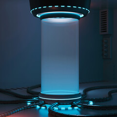 3D Rendering of sci fi theme laboratory glass tube. Concept for high tech background, cryogenic tank, wallpaper © knssr