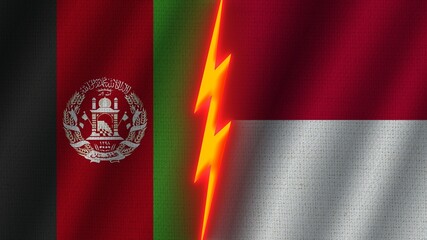 Indonesia and Afghanistan Flags Together, Wavy Fabric Texture Effect, Neon Glow Effect, Shining Thunder Icon, Crisis Concept, 3D Illustration