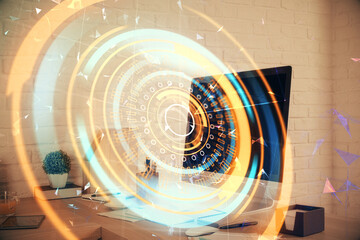 Double exposure of tech theme drawings and office interior background. Technology concept.