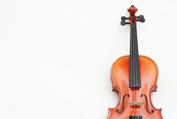 Fototapeta na wymiar A violin on a white background. A musical instrument. Music school. Violin close-up.