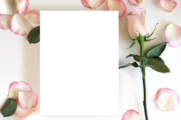Rose and petals blank paper card mockup. Wedding, romantic template.