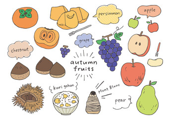 秋の果物の手描きイラストセット（カラー）