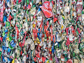 pile of old aluminum beverage cans prepare for recycle