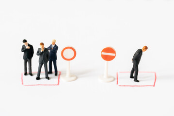 Miniature people Group Business man mini figures standing thinking on Organization Sign on white background using as Success Career development successor and Department Strategy Planning concepts