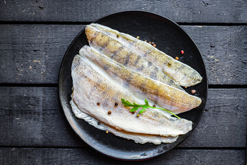 raw fillet no fish bones pike perch fresh seafood hake meal snack copy space food background rustic...