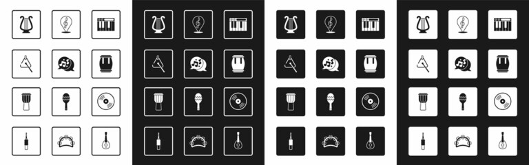 Set Music synthesizer, note, tone, Triangle, Ancient lyre, Drum, Treble clef, Vinyl disk and icon. Vector © Vadim