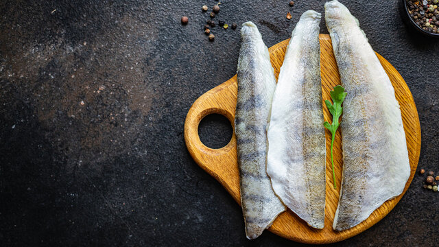 raw fillet no fish bones pike perch fresh seafood hake meal snack copy space food background rustic keto or paleo diet vegetarian food pescetarian diet