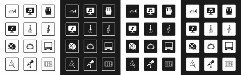 Set Drum, Guitar, Music note, tone, Trumpet, Treble clef, Voice assistant and sticks icon. Vector © Vadim