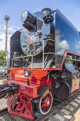Rare black retro steam locomotive. Exposition area of RZD railway vehicles at Rizhskaya station Moscow, Russia