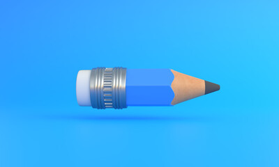 Funny small sharp wooden pencil with rubber eraser flying on blue background. Minimal creative concept. School supplies. Office tools. 3d render illustration