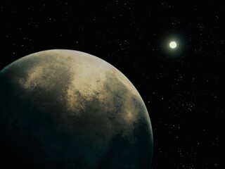 Obraz premium Star over alien planet, Earth-like exoplanet, super-earth planet, view from space 3d rendering.