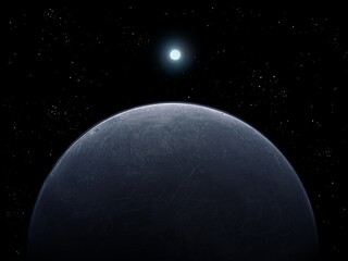 Fototapeta na wymiar Star over alien planet, Earth-like exoplanet, super-earth planet, view from space 3d rendering.