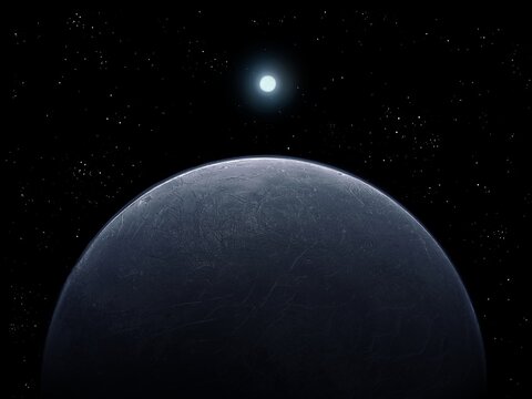 Star over alien planet, Earth-like exoplanet, super-earth planet, view from space 3d rendering.