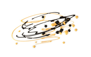 Art acrylic and watercolor doodle  blot with drops splash. Abstract texture gold glinner and black color stain on white background.