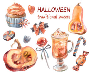 Hand-drawn Halloween  illustration: half pumpkin, drinks, candies and other traditional sweets. Watercolor cozy autumn composition for design of stickers, scrapbook, postcards, books and etc.
