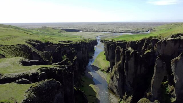 Canyon in Iceland. Aerial drone video of Icelandic landscape. Famous tourist attractions and landmarks destinations in Icelandic nature on Iceland. 4K UHD video.