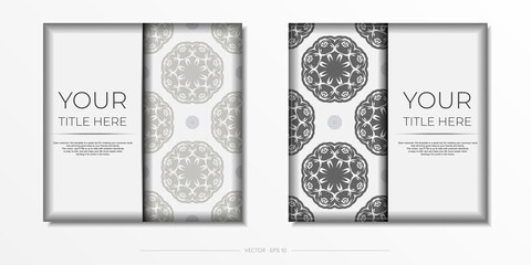 Luxurious postcards in white with abstract patterns. Vector design of invitation card with mandala ornament.