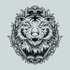 tattoo and t shirt design black and white hand drawn tiger engraving ornament