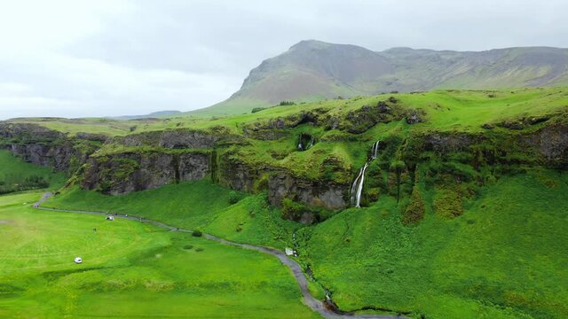 Gljufrabui waterfall in iceland. Aerial drone video of Icelandic landscape. Famous tourist attractions and landmarks destinations in Icelandic nature on Iceland. 4K UHD video.