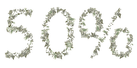 Dollar sign. American money number 50. Cash white background, us bill. Money falling.