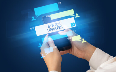 Hand using smartphone with social media concept