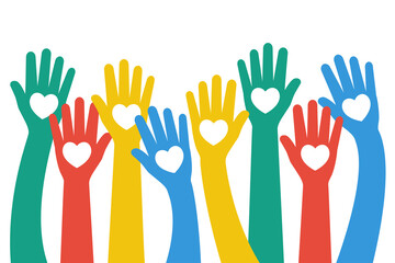 Obraz premium Group of people hold a heart in hand. Vector illustration flat design. Isolated hands with heart. Charity symbol. Colored hands. Symbol together. Donation concept. Group volunteers.