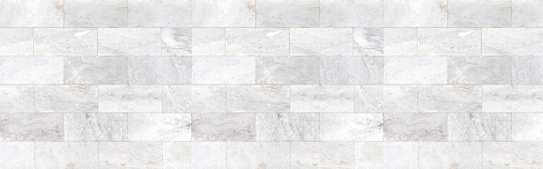 Panorama of White marble tiled wall with vintage pattern texture and background seamless