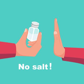 No salt. Human gesture hand refuses to salty. Salt free. Harmful product. Healthy lifestyle. Vector illustration flat design. Isolated on white background.