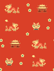 China seamless pattern with dragon, pagoda and flowers. Traditional chinses style.