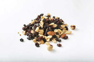 nut mixture with raisins on a white background for insulation