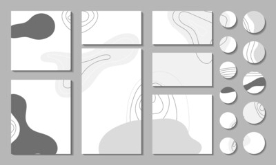 Set of monochrome templates for stories and posts. Vector illustration. Abstract spots, curved lines. Square, landscape, portrait. Eps 10.