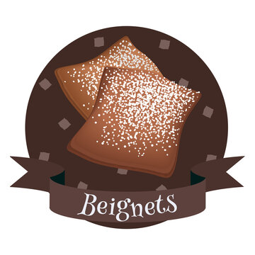 Beignets traditional French dessert. Colorful vector illustration.