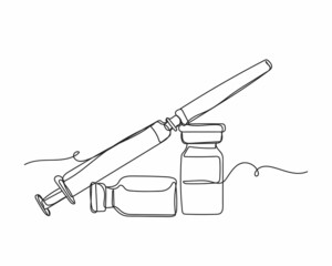 Continuous one line drawing of vaccines and syringe in silhouette on a white background. Linear stylized.Minimalist.