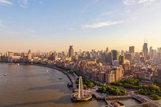 Aerial View Of Shanghai Skyline And The Bund Waterfront Promenade In China