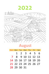 coloring book calendar 2022. rural fields with cute houses. augu