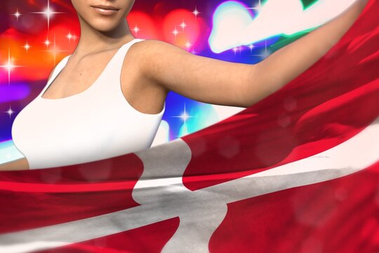 young lady holds Denmark flag in front on the party lights - flag concept 3d illustration