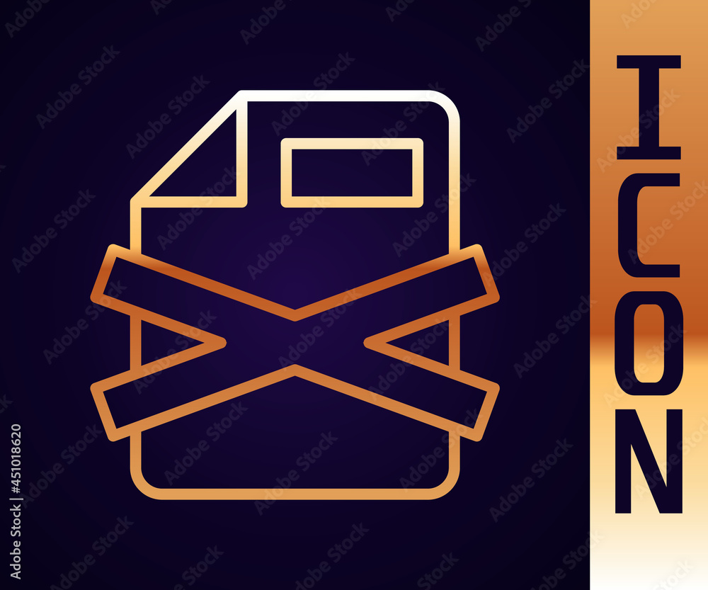 Poster gold line delete file document icon isolated on black background. rejected document icon. cross on p