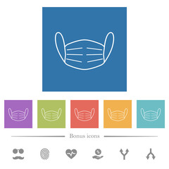 Medical face mask outline flat white icons in square backgrounds