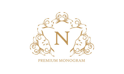 Premium logo template for restaurant, royalty, boutique, cafe, hotel, heraldry, jewelry, fashion and more. Vector illustration with letter N