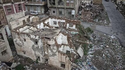 Drone  of houses destroyed due to the violent war in Taiz, Yemen