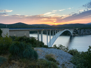 Sibenski Bridge at sunrise. One of the most famous bridges in Croatia. Beautiful landscape near the city of Sibenik.