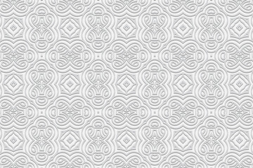 3D volumetric convex embossed geometric white background. Artistic swirl pattern, arabesque texture. Ethnic oriental, Asian, Indonesian ornaments for design and decoration.
