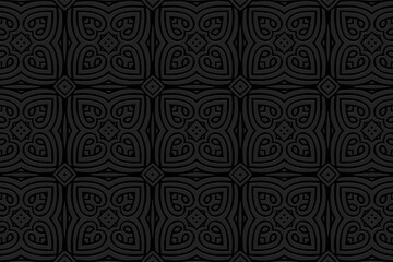 3D volumetric convex embossed geometric black background. Original pattern, unique texture in arabesque style. Ethnic oriental, Asian, Indonesian ornaments for design and decoration.