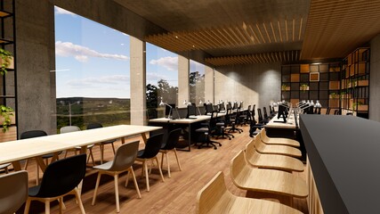 Interior Empty Modern Loft Office open space modern office footage.Modern open concept Lobby and reception area meeting room design.3d Rendering .