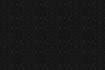 3D volumetric convex embossed geometric black background. Exotic pattern, unique texture in arabesque style. Ethnic oriental, Asian, Indonesian ornaments for design and decoration.