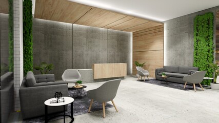 Interior Empty Modern Loft Office open space modern office footage.Modern open concept Lobby and reception area meeting room design.3d Rendering .