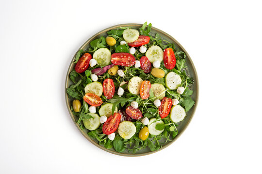 Arugula, tomato, cucumber, mozzarella and olive salad